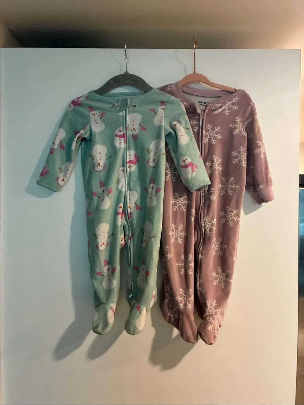 Carter's Mint Green Snowman & Mauve Snowflake Fleece Footed Pajamas